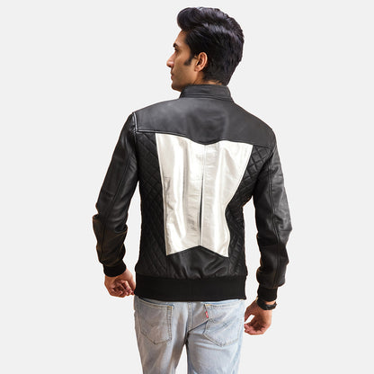 Mens Spade Silver Black Leather Bomber Jacket | Then Order zone