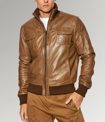 Men's Dessert Brown Sheepskin Leather Bomber Jacket | The Order zone