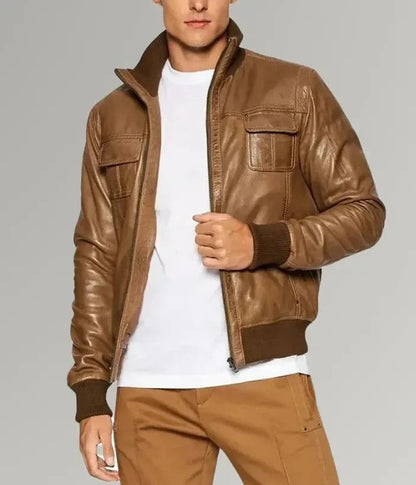 Men's Dessert Brown Sheepskin Leather Bomber Jacket | The Order zone