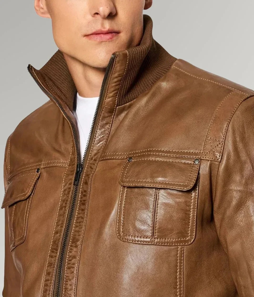 Men's Dessert Brown Sheepskin Leather Bomber Jacket | The Order zone