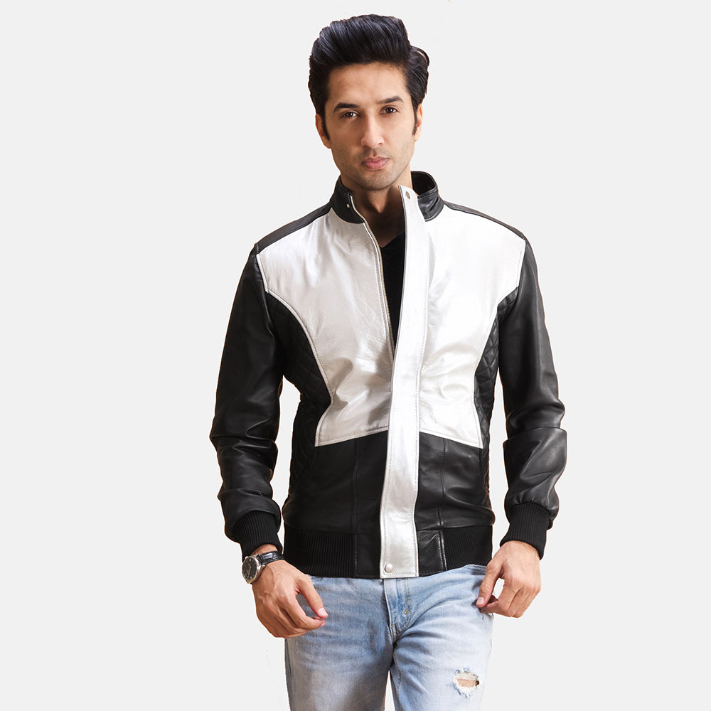 Mens Spade Silver Black Leather Bomber Jacket | Then Order zone