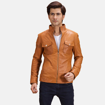 Mens Voltex Tan Leather Biker Jacket | The Order zone