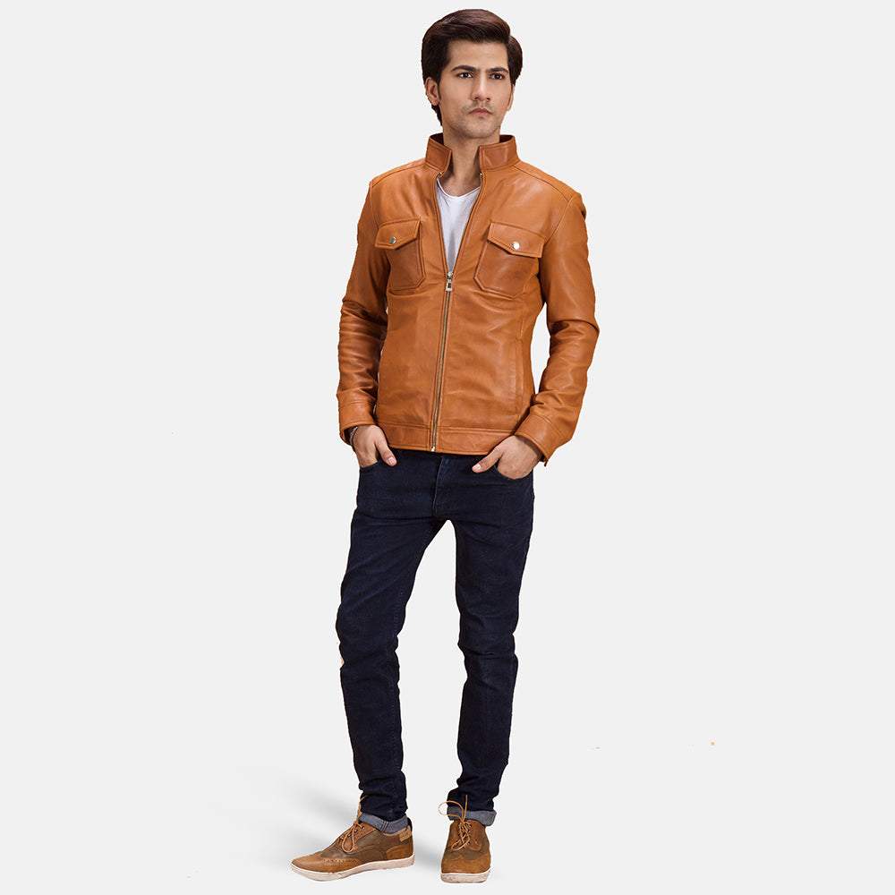 Mens Voltex Tan Leather Biker Jacket | The Order zone