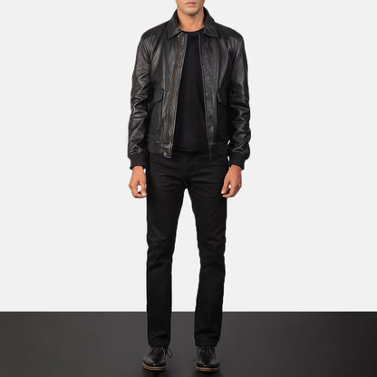 Mens Coffmen Black Leather Bomber Jacket | The Order zone