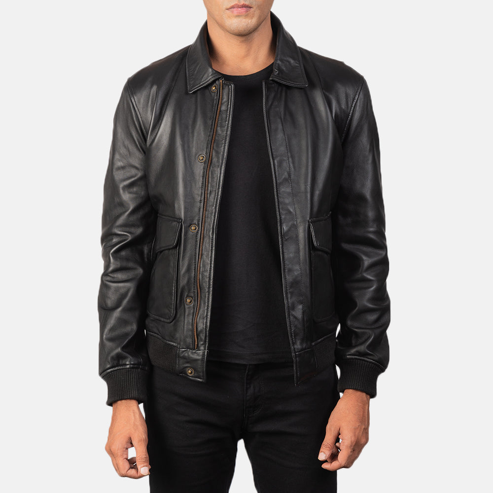 Mens Coffmen Black Leather Bomber Jacket | The Order zone