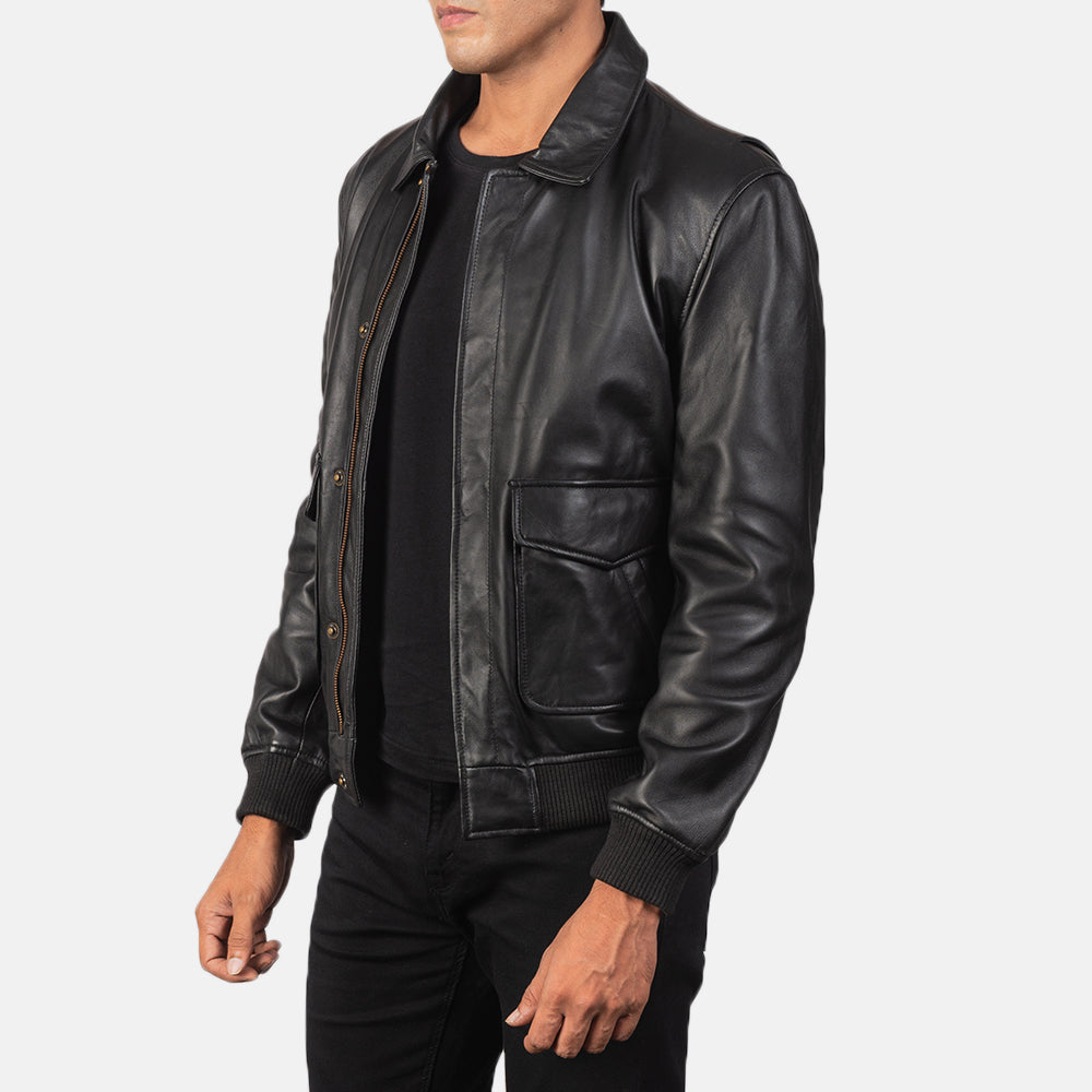 Mens Coffmen Black Leather Bomber Jacket | The Order zone