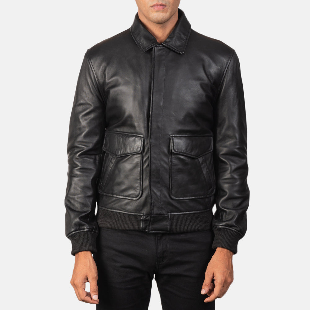 Mens Coffmen Black Leather Bomber Jacket | The Order zone