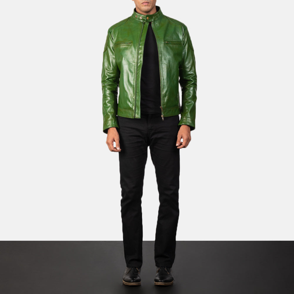 Mens Bright Turtle Green Leather Biker Jacket | The Order zone