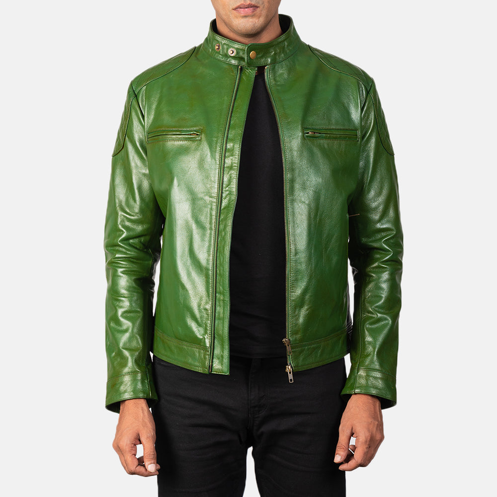 Mens Bright Turtle Green Leather Biker Jacket | The Order zone