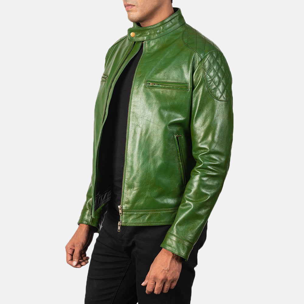 Mens Bright Turtle Green Leather Biker Jacket | The Order zone