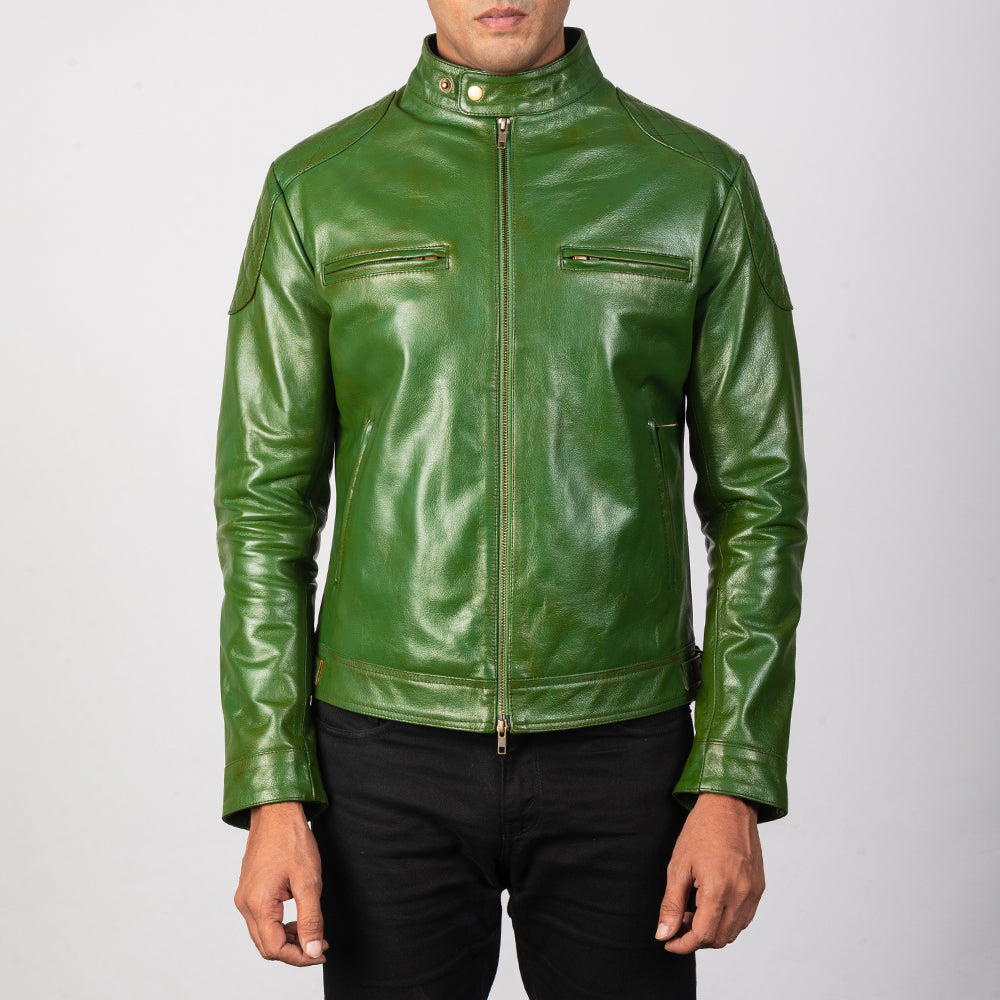 Mens Bright Turtle Green Leather Biker Jacket | The Order zone