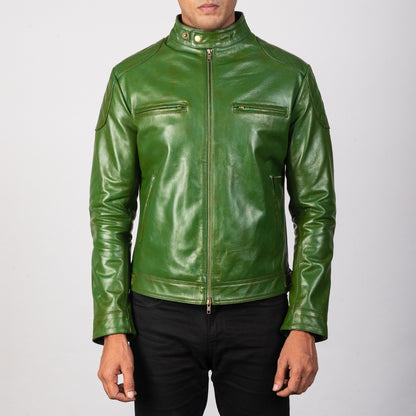 Mens Bright Turtle Green Leather Biker Jacket | The Order zone