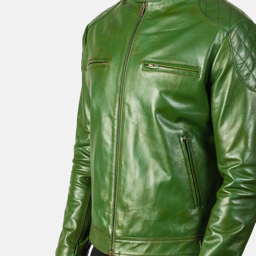 Mens Bright Turtle Green Leather Biker Jacket | The Order zone