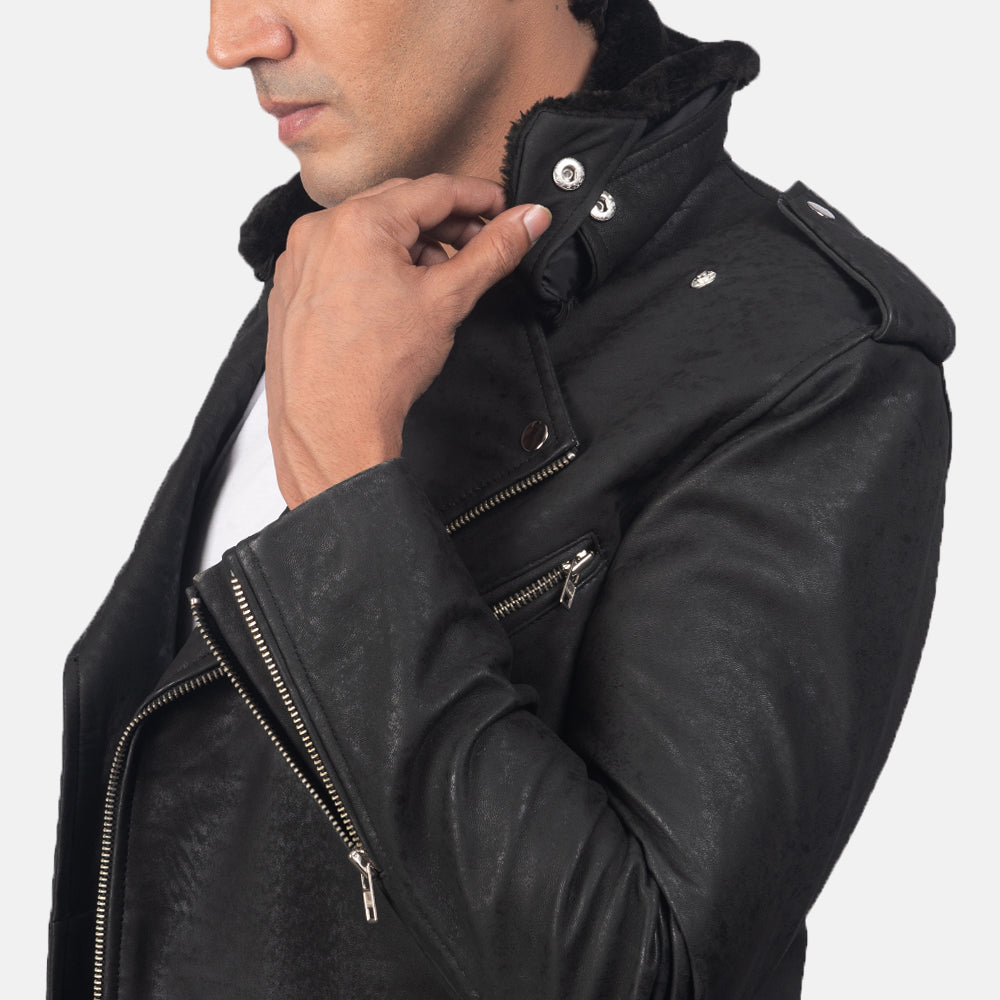 Mens Furton Distressed Black Leather Biker Jacket | The Order zone