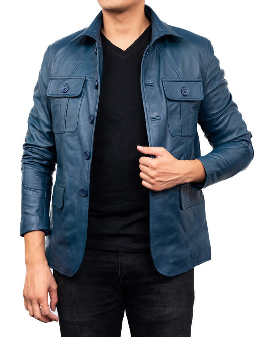 5-Button Men Lambskin Leather Blazer-Blue | The Order zone