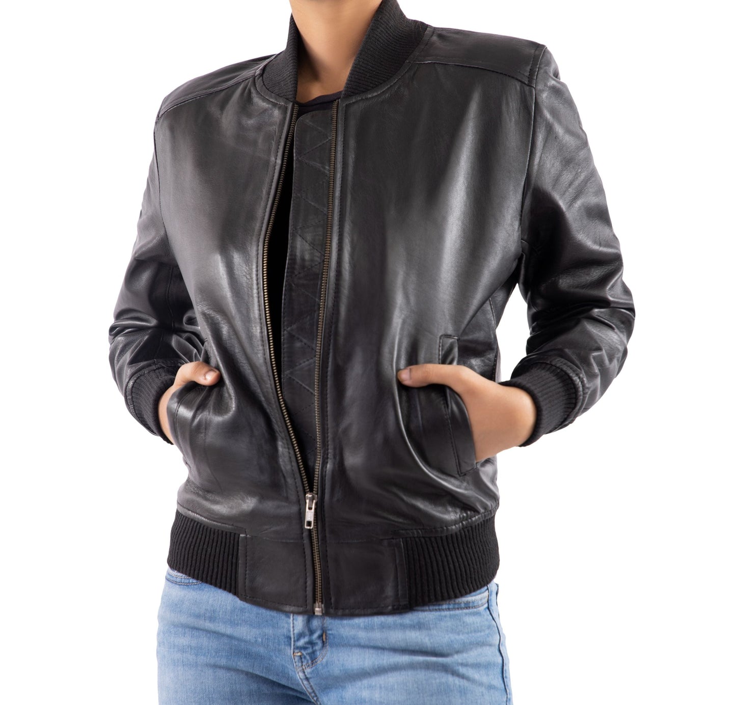 Women's Sleek Black Leather Bomber Jacket | The Order zone