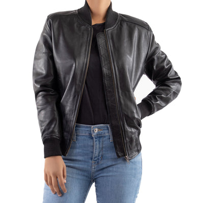 Women's Sleek Black Leather Bomber Jacket | The Order zone