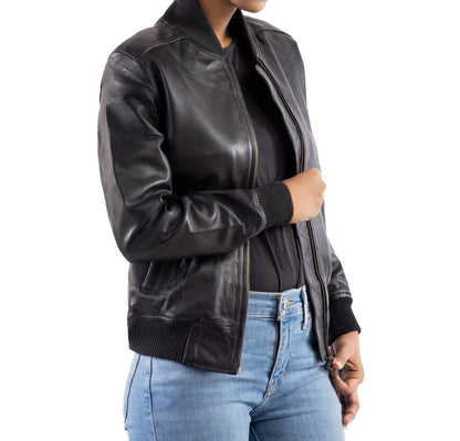 Women's Sleek Black Leather Bomber Jacket | The Order zone