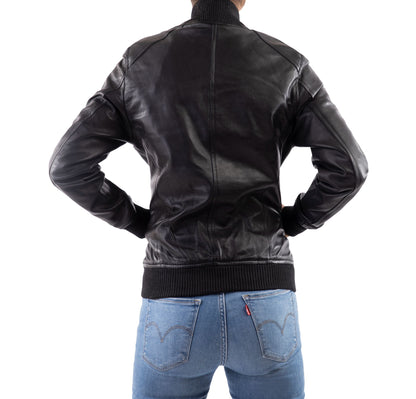 Women's Sleek Black Leather Bomber Jacket | The Order zone