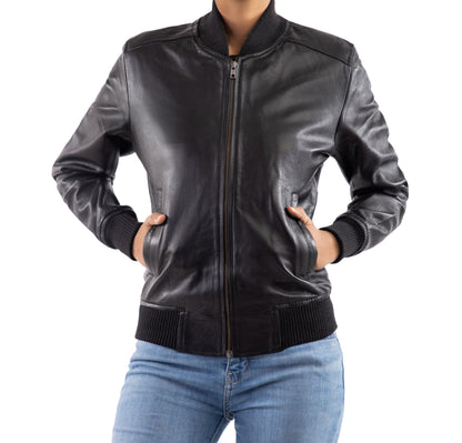 Women's Sleek Black Leather Bomber Jacket | The Order zone